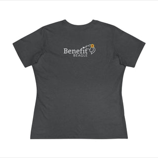 You are my Sunshine Women's Premium Tee shirt in Asphalt. Shown is back of shirt featuring the Sunflower Benefit Beagle Logo. The front showcases a sunflower which is split down the middle and half is made out of paw prints. Underneath is the phrase "You are my Sunshine".