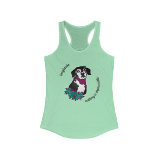 Signature Tattoo Roses Women's Ideal Racerback Tank in Mint. Shown is front of shirt with the Signature Tattoo Roses design featuring a dog with flowers around it and the phrase "Beagletude" and "Nothing is Impawssible". Back of shirt features the Benefit Beagle Logo.