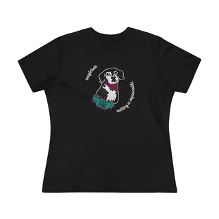 Signature Tattoo Roses Women's Premium Tee in Black. Shown is front of shirt with the Signature Tattoo Roses design featuring a dog with roses around it and the phrase "Beagletude" and "Nothing is Impawssible". Back of shirt features the Benefit Beagle Logo.