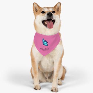 Dog wearing the Lincoln Butterfly Dog Collar Bandana in Pink. The Lincoln Butterfly design features the Benefit Beagle logo with a blue butterfly above it. Comes with adjustable black collar.