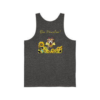 Bee Pawsitive Unisex Jersey Tank shirt in Charcoal Black Triblend. Shown is back of shirt showcasing a dog dressed as as bee in a a field of sunflowers with the phrase "Bee Pawsitive!" above it. The front features the Bee Pawsitive Benefit Beagle Logo.