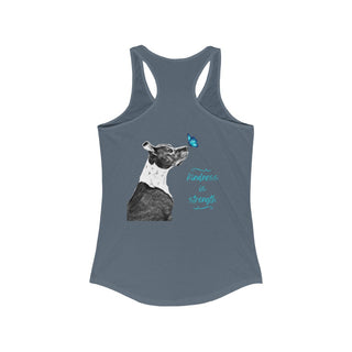 Lincoln Butterfly Women's Ideal Racerback Tank in Indigo. Shown is back of shirt design showcasing profile of a dog with a blue butterfly on its nose and the phrase "Kindness is Strength" next to it. The front of shirt has Benefit Beagle Logo kissed by a Butterfly.