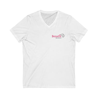 Different Pawspective Unisex V-Neck Tee in White. Shown is front of shirt with Benefit Beagle logo in the top corner . On the back is large colorful pawprint with the the phrase "Life is all about finding the beauty in a different pawspective" circled around it.