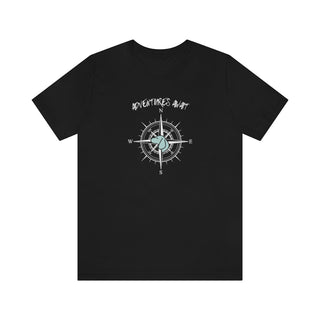 Adventures Await Unisex Jersey Short Sleeve Tee in Black. The front of shirt features the Adventures Await design with a dog inside a nautical compass and the words "Adventures Await" above it. The back of the shirt has similar Benefit Beagle Logo.