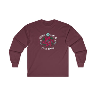 Stay Wild Ultra Cotton Long Sleeve Tee in Maroon. The Stay Wild Design features a tattoo style rose with the phrase "Stay Wild, Play Hard" around it. The back of shirt features the Stay Wild Benefit Beagle Logo Design.