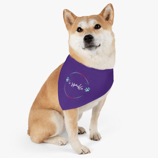 Dog wearing the Dog Hair is my Glitter Dog Collar Bandana in Purple. The Dog Hair is my Glitter design features the phrase "I sparkle" inside a circle with paw prints. Comes with black adjustable collar.