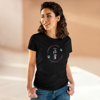 Dog Hair is my Glitter Women's Midweight Cotton Tee in Black. The Dog Hair is my Glitter design features a dog with the phrase "Dog Hair is my Glitter" above it and it is surrounded by a circle with paw prints.