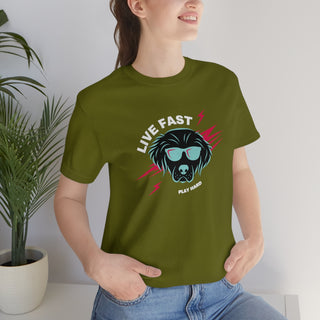 Play Hard Unisex Jersey Short Sleeve Tee Shirt in Olive. The design features a cool dog with sunglasses and lightening bolts around it. The phrase "Live Fast, Play Hard" is around the design.