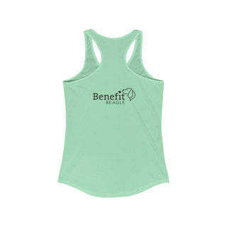 Signature Tattoo Flowers Women's Ideal Racerback Tank in Mint. Shown is back of shirt with the Benefit Beagle Logo. Front of shirt has the Signature Tattoo Flowers design featuring a dog with flowers around it and the phrase "Beagletude" and "Nothing is Impawssible"