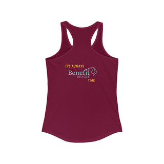 Beagle-Thirty Bottles Women's Racerback Tank in Cardinal Red. Shown is back of shirt featuring "Beagle-Thirty" Benefit Beagle Logo. The front Showcases Two Paw Labeled Bottles clinking with, "It's Beagle-Thirty" written next to it.