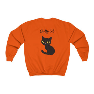 Meow Unisex Crewneck Sweatshirt in Orange. Shown is back showcasing a wide eyed black cartoon cat with the phrase "Chatty Cat" above it. On front of shirt is the Benefit Beagle Logo featuring a peeping cat.