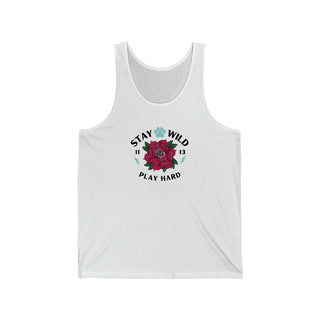 Stay Wild Unisex Unisex Jersey Tank in White. The Stay Wild Design features a tattoo style rose with the phrase "Stay Wild, Play Hard" around it. The back of shirt features the Stay Wild Benefit Beagle Logo Design.