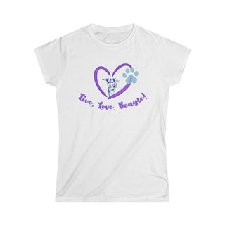 Live, Love, Beagle Women's Softstyle Tee in White. The Live, Love, Beagle design features a dog running through a heart with the phrase "Live, Love, Beagle!" under it.