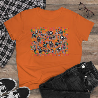 Dia De Los Muertos Women's Midweight Cotton Tee Shirt in Orange. Shown is the front of shirt featuring print of dogs and cats with Dia de los Muertos traditional decorations. On the back is a similar Benefit Beagle Logo.