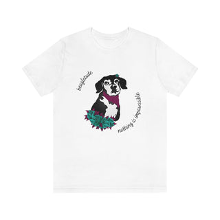 Signature Tattoo Roses Unisex Short Sleeve Tee in White. Shown is front of shirt with the Signature Tattoo Roses design featuring a dog with roses around it and the phrase "Beagletude" and "Nothing is Impawssible". Back of shirt features the Benefit Beagle Logo.