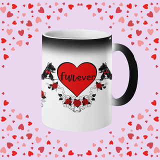 Color morphing mug with dogs with bowties and roses and the center hearts reading,  "be mine" and "furever". Mug is white with design when filled with hot beverage. When cool or empty, mug color morphs to dark.