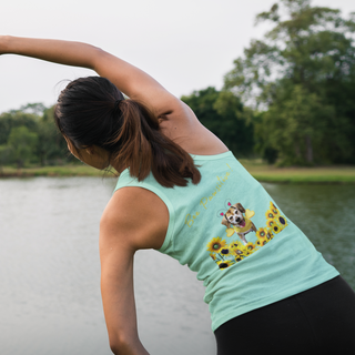 Bee Pawsitive Women's Racerback Tank in Mint. Shown is back of shirt showcasing a dog dressed as as bee in a a field of sunflowers with the phrase "Bee Pawsitive!" above it. The front features the Bee Pawsitive Benefit Beagle Logo.