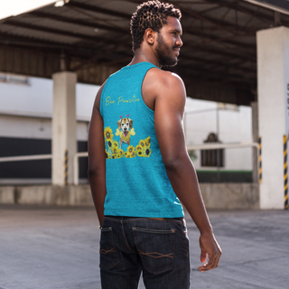 Bee Pawsitive Unisex Jersey Tank shirt in Aqua Triblend. Shown is back of shirt showcasing a dog dressed as as bee in a a field of sunflowers with the phrase "Bee Pawsitive!" above it. The front features the Bee Pawsitive Benefit Beagle Logo.