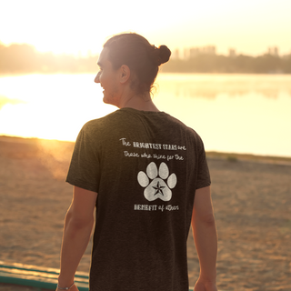 Brightest Star unisex V-Neck Tee shirt in Black. The Brightest Star design features a design on the back with the phrase "The brightest stars are those who shine for the benefit of others" with a pawprint and a nautical star.