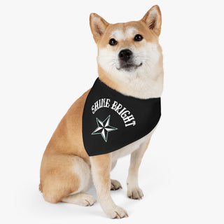 Dog wearing the Brightest Star Pet Bandana Collar in Black. The Brightest Star design features the phrase "Shine Bright" with a nautical star. Comes with adjustable black collar.