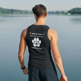 Brightest Star unisex Jersey Tank in Black. The Brightest Star design features a design on the back with the phrase "The brightest stars are those who shine for the benefit of others" with a pawprint and a nautical star.