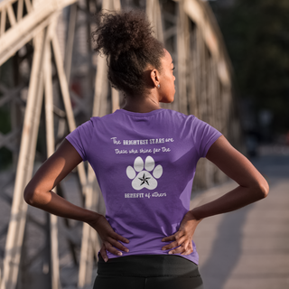 Brightest Star Women's Softstyle Tee shirt in purple. The Brightest Star design features a design on the back with the phrase "The brightest stars are those who shine for the benefit of others" with a pawprint and a nautical star.