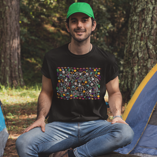 Dia De Los Muertos Unisex Jersey Short Sleeve Tee Shirt in Black. Shown is the front of shirt featuring print of dogs and cats with Dia de los Muertos traditional decorations. On the back is a similar Benefit Beagle Logo.