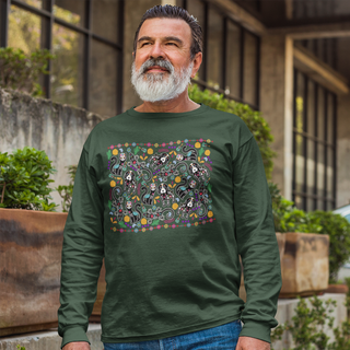 Dia De Los Muertos Unisex Ultra Cotton Long Sleeve Tee Shirt in Forest Green. Shown is the front of shirt featuring print of dogs and cats with Dia de los Muertos traditional decorations. On the back is a similar Benefit Beagle Logo.