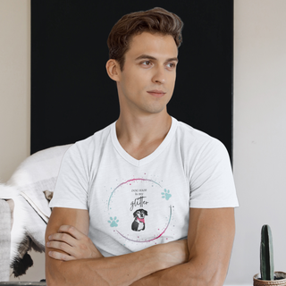 Dog Hair is my Glitter Unisex Jersey V-Neck Tee in White. The Dog Hair is my Glitter design features a dog with the phrase "Dog Hair is my Glitter" above it and it is surrounded by a circle with paw prints.