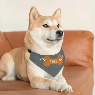 Dog wearing Easily Distracted Dog Collar Bandana in Grey. The design features a large dog bone with the words, "I'M THE DOG" written across it. Comes with adjustable black collar.