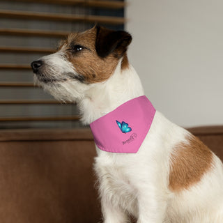 Dog wearing the Lincoln Butterfly Dog Collar Bandana in Pink. The Lincoln Butterfly design features the Benefit Beagle logo with a blue butterfly above it. Comes with adjustable black collar.