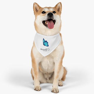 Dog wearing the Lincoln Butterfly Dog Collar Bandana in White. The Lincoln Butterfly design features the Benefit Beagle logo with a blue butterfly above it. Comes with adjustable black collar.