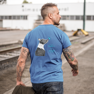 Lincoln Butterfly Unisex V-Neck Tee in True Royal. Shown is back of shirt design showcasing profile of a dog with a blue butterfly on its nose and the phrase "Kindness is Strength" next to it. The front of shirt has Benefit Beagle Logo kissed by a Butterfly.