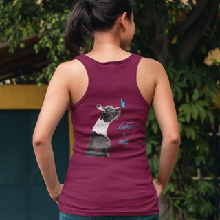 Lincoln Butterfly Women's Ideal Racerback Tank in Cardinal Red. Shown is  back of shirt design showcasing profile of a dog with a blue butterfly on its nose and the phrase "Kindness is Strength" next to it. The front of shirt has Benefit Beagle Logo kissed by a Butterfly.