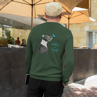 Lincoln Butterfly Unisex Crewneck Sweatshirt in Forest Green. Shown is back of shirt design showcasing profile of a dog with a blue butterfly on its nose and the phrase "Kindness is Strength" next to it. The front of shirt has Benefit Beagle Logo kissed by a Butterfly.