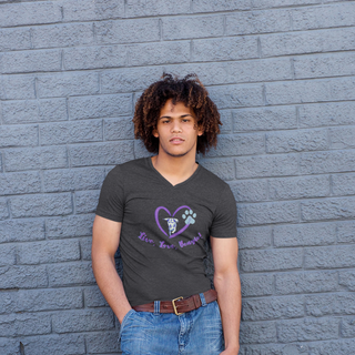 Live, Love, Beagle Unisex V-Neck Tee in Dark Grey Heather. The Live, Love, Beagle design features a dog running through a heart with the phrase "Live, Love, Beagle!" under it.