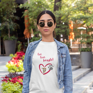 Live, Love, Beagle Women's Premium Tee in White. The Live, Love, Beagle design features a dog running through a heart with the phrase "Live, Love, Beagle!" above it.