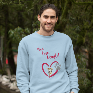 Live, Love, Beagle Crewneck Sweatshirt in Light Blue. The Live, Love, Beagle design features a dog running through a heart with the phrase "Live, Love, Beagle!" above it.