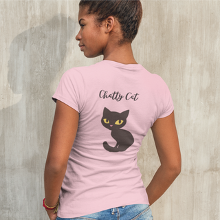 Meow Women's Premium Tee in Pink. Shown is back showcasing a wide eyed black cartoon cat with the phrase "Chatty Cat" above it. On front of shirt is the Benefit Beagle Logo featuring a peeping cat.