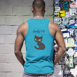 Meow Unisex  Jersey Tank in Heather True Royal. Shown is back showcasing a wide eyed black cartoon cat with the phrase "Chatty Cat" above it. On front of shirt is the Benefit Beagle Logo featuring a peeping cat.