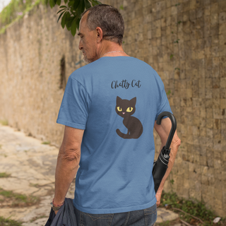 Meow Unisex V-Neck Tee in Royal. Shown is back showcasing a wide eyed black cartoon cat with the phrase "Chatty Cat" above it. On front of shirt is the Benefit Beagle Logo featuring a peeping cat.