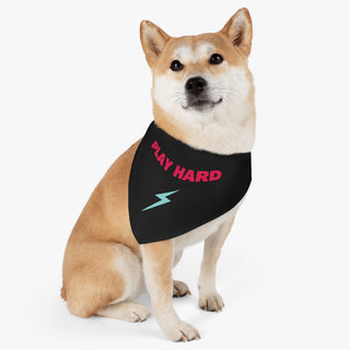 Dog wearing the Play Hard Dog Collar Bandana in Black. The Play Hard design features the phrase "Play Hard" with a lightening bolt under it. Comes with adjustable black collar.