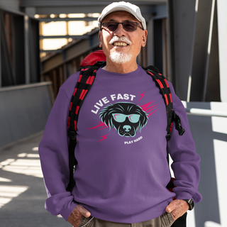 Play Hard Unisex Heavy Blend Crewneck Sweatshirt in Purple. The design features a cool dog with sunglasses and lightening bolts around it. The phrase "Live Fast, Play Hard" is around the design.