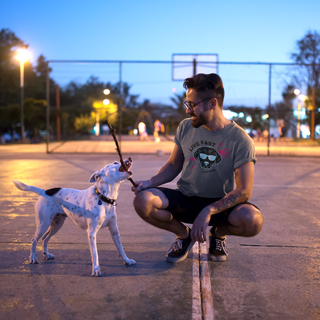 Play Hard Unisex Jersey Short Sleeve Tee Shirt in Athletic Heather. The design features a cool dog with sunglasses and lightening bolts around it. The phrase "Live Fast, Play Hard" is around the design.