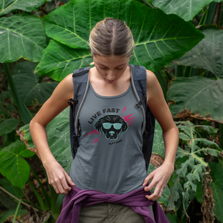 Play Hard Women's Ideal Racerback Tank in Indigo. The design features a cool dog with sunglasses and lightening bolts around it. The phrase "Live Fast, Play Hard" is around the design.