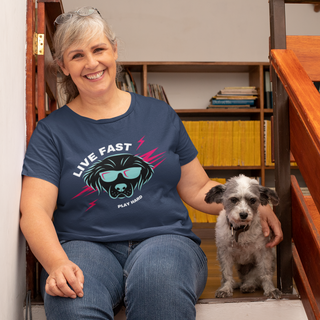 Play Hard Women's Midweight Cotton Tee shirt in Navy. The design features a cool dog with sunglasses and lightening bolts behind it. The phrase "Live Fast, Play Hard" is around the design.