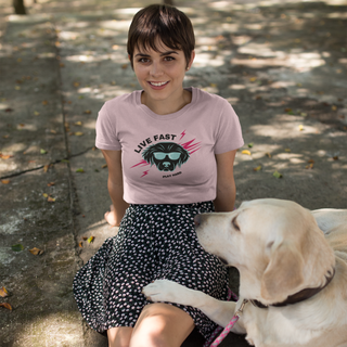 Play Hard Women's Premium Tee Shirt in Pink. The design features a cool dog with sunglasses and lightening bolts around it. The phrase "Live Fast, Play Hard" is around the design.