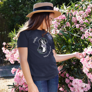 Signature Tattoo Flowers Unisex Jersey Short Sleeve Tee in Navy. Shown is front of shirt with the Signature Tattoo Flowers design featuring a dog with flowers around it and the phrase "Beagletude" and "Nothing is Impawssible". Back of shirt features the Benefit Beagle Logo.