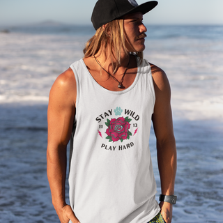 Stay Wild Unisex Unisex Jersey Tank in White. The Stay Wild Design features a tattoo style rose with the phrase "Stay Wild, Play Hard" around it. The back of shirt features the Stay Wild Benefit Beagle Logo Design.