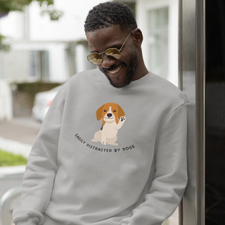 Easily Distracted Unisex Heavy Blend Crewneck Sweatshirt in Sport Grey. Shown is front design featuring a dog waving with the saying "Easily Distracted by Dogs" below it. The back of shirt has the classic Benefit Beagle Logo.